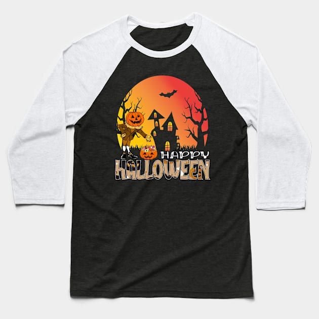 Vintage Pumpkin Scene Halloween Baseball T-Shirt by CollectionOS